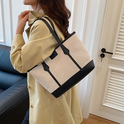Damen Kontrastfarben Canvas Tote Bag Große Kapazität Minimalistische Schultertasche Mit Kunstleder Besatz Elegant