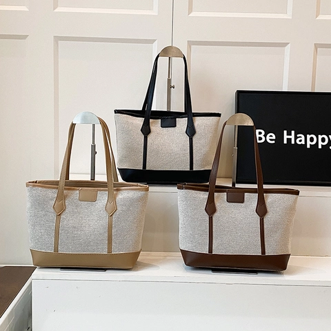 Grande Borsa Tote In Tela E Pelle PU Splicing Colore A Contrasto Pendolare Ufficio Borsa A Mano A Tracolla Per Donna