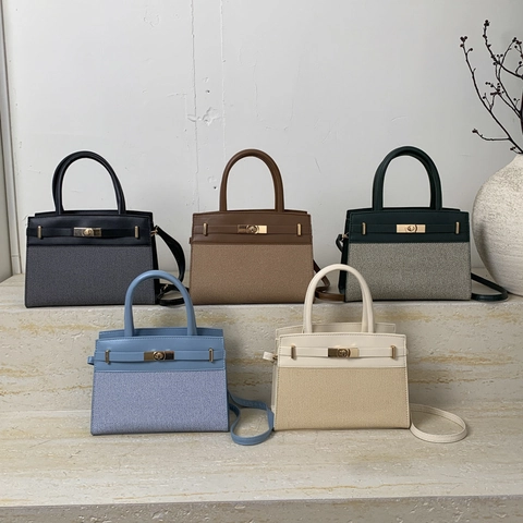 Damen Patchwork PU Leder Segeltuch Umhängetasche Mode Kelly Stil Handtasche Schultertasche Gold Hardware Kleine Quadratische Tasche