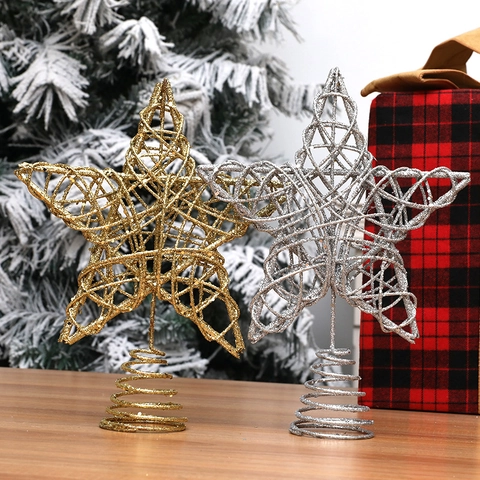Glitzer Weihnachtsbaumspitze Stern Eisen Hohl Pentagramm Baumschmuck Für Weihnachtsfeier Heimdekoration Gold Silber