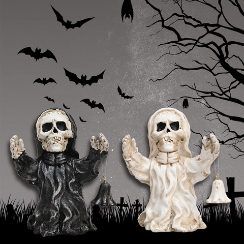 Statuina di Halloween in Resina Tristo Mietitore Scheletro Con Campana Appesa Statua Fantasma Ornamenti Decorativi per Festa Casa