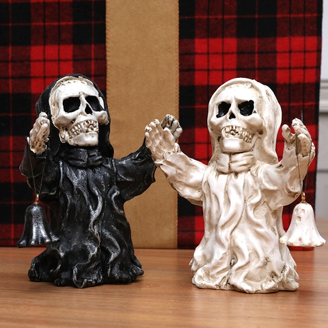 Statuina Teschio Fantasma Halloween Resina Decorazione Atmosfera Horror Con Campanella Ornamento Da Tavolo
