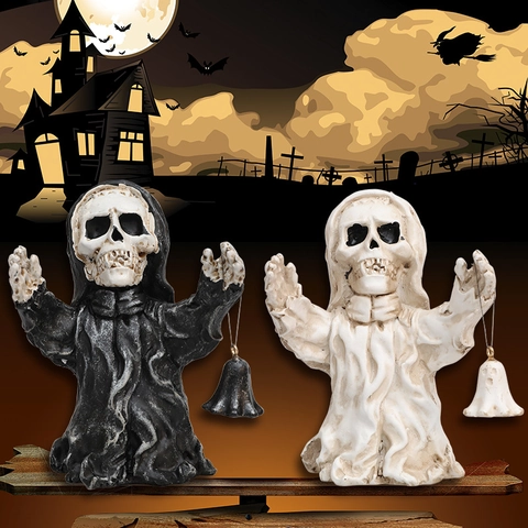 Statuina di Halloween in Resina Tristo Mietitore Scheletro Con Campana Appesa Statua Fantasma Ornamenti Decorativi per Festa Casa