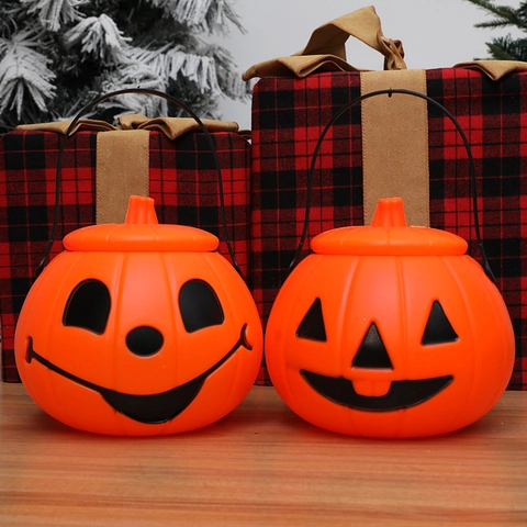 Halloween Tragbarer Kürbis Eimer Süßigkeiten Halter Mit Deckel Griff Kunststoff Jack-O-Lantern Für Party Dekoration Requisiten Geschenk