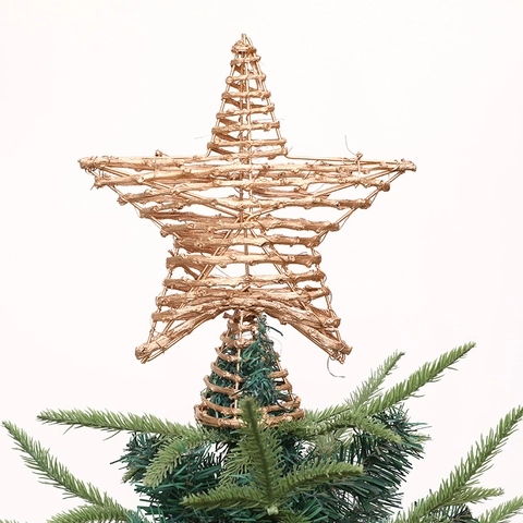 Rustikale Gewebte Holz Stern Weihnachtsbaumspitze Gold Silber Pentagramm Baumschmuck Für Feiertag Zuhause Party Dekoration