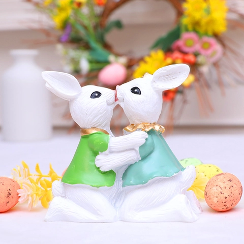 Easter Kissing Rabbits Resin Figurine Couple Bunny Statue For Home Decor Garden Ornament Easter Holiday Gift White Green