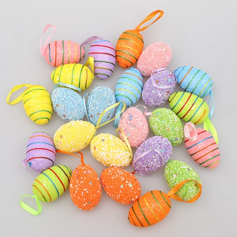 Easter Egg Hanging Ornaments Colorful Foam Striped Eggs With Glitter Stars For Holiday Party Home Tree Decoration