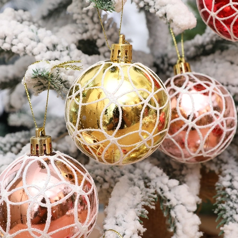 Christmas Ball Ornaments Plastic Electroplated With White Glitter Patterns For Xmas Tree Decoration Festive Hanging Pendant