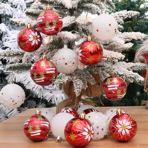 Palle di Decorazione per Albero di Natale Rosse e Bianche Ornamenti in Plastica Con Fiocchi di Neve Stelle Alberi Decorazione Natalizia