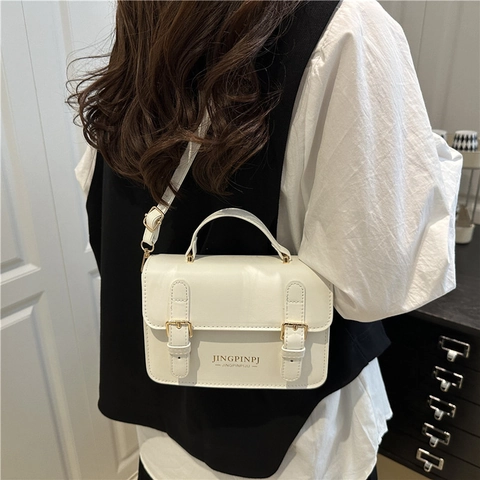 Women Retro Small Square Bag PU Leather Crossbody Shoulder Handbag Cambridge Style Contrast Color Flap Double Buckle