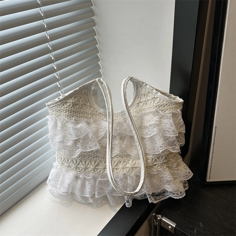 Women White Lace Layered Pleated Tote Bag Large Capacity Casual Simple Shoulder Bag For Summer Daily Vacation Accessory