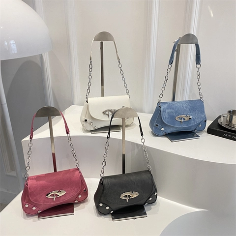 Vintage Y2K Denim Synthetic Leather Shoulder Bag For Women Metal Chain Star Buckle Rivet Small Square Underarm Bag Handbag