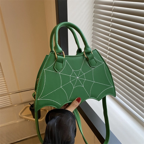 Women Bat Shaped Spiderweb Embroidered Shoulder Bag Gothic PU Leather Handbag Casual Crossbody Bag For Halloween Daily