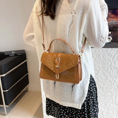 Damen Umhängetasche Schlangenmuster PU Leder Flap Square Handtasche Mit Goldener Schnalle Vintage Top Handle Schultertasche