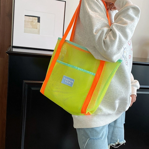 Borsa Tote da Donna in Rete a Grande Capacità Traspirante Borsa da Spiaggia a Contrasto per Nuoto Viaggi Estate Shop