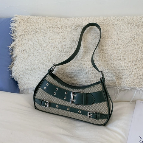 Vintage Nische Leinwand PU Patchwork Satteltasche Für Damen Retro Y2K Schulter Umhängetasche Mit Metallschnallen Achseltasche