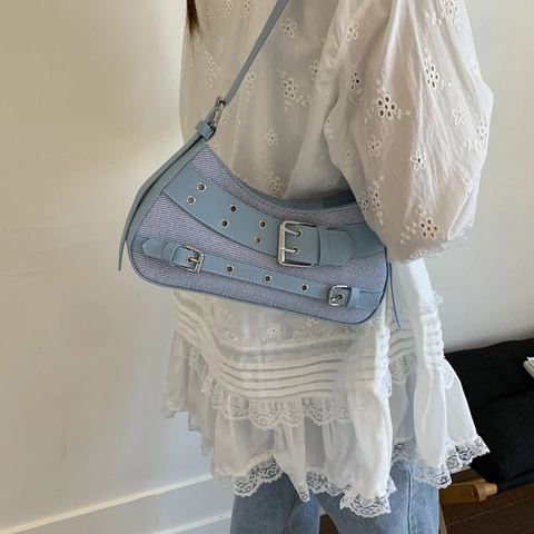 Vintage Nische Leinwand PU Patchwork Satteltasche Für Damen Retro Y2K Schulter Umhängetasche Mit Metallschnallen Achseltasche