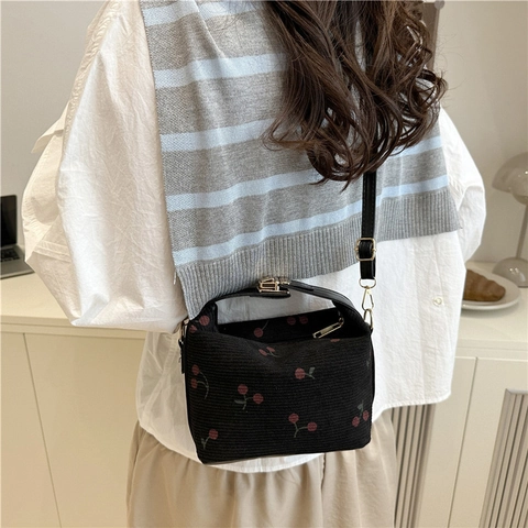 Borsa a Secchiello da Donna in Velluto a Coste con Ricamo a Ciliegia Dolce Borsa a Mano Tracolla Versatile per Donna Uso Quotidiano