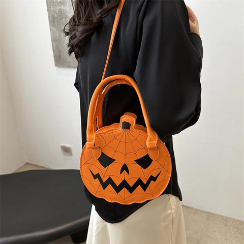 Halloween Neuheit Kürbis Geformte Umhängetasche Lustige Kontrastfarbe PU Leder Schultertasche Mit Spinnennetz Für Damen