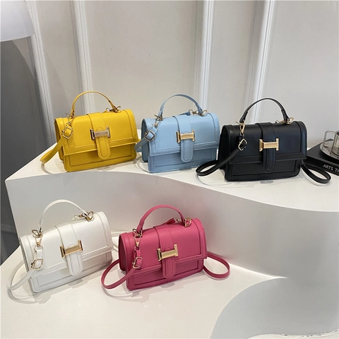 Borsa a Quadrato in Pelle PU Urban Simple da Donna Con Manico Superiore Fibbia in Metallo Dorato Giunzione Borsa a Tracolla Pendolare