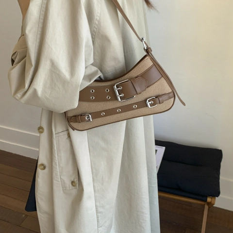 Retro Lokomotive Unterarmtasche PU Leder Canvas Patchwork Schnalle Riemen Y2K Punk Vintage Schultertasche Damen