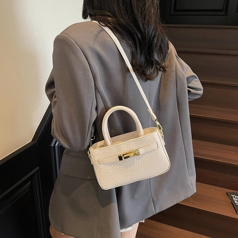 Women Handbag Crocodile Pattern PU Leather Golden Lock Top Handle Vintage Chic Crossbody Bag Office Daily Commute