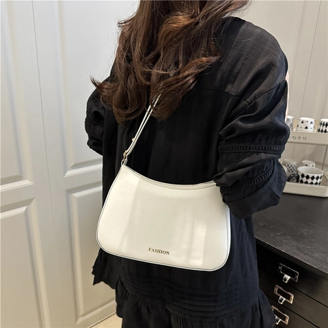 Women Fashion PU Leather Half Moon Shoulder Bag Minimalist Letter Printed Underarm Bag Chic 2025 Casual Daily Hobo Bag