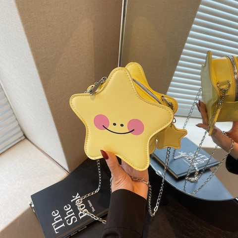 Star Shaped Crossbody Bag PU Leather Kawaii Smile Face Print Silver Metal Chain Niche Trendy Shoulder Purse With Charm