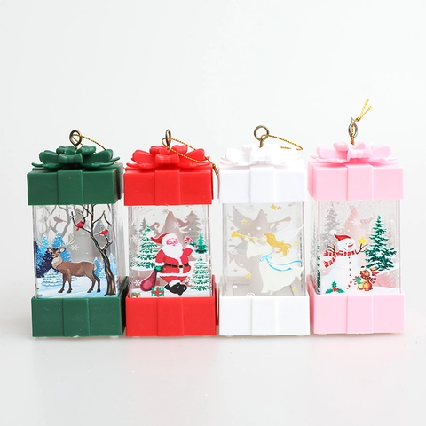 Christmas LED Gift Box Lantern Hanging Ornament Printed Santa Claus Reindeer Snowman Pattern Decorative Light For Home Party