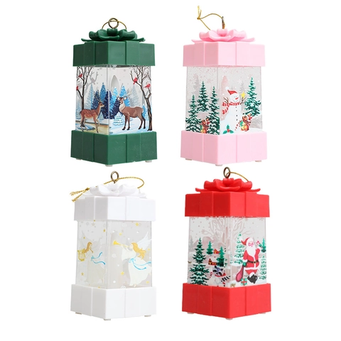 Christmas LED Gift Box Lantern Hanging Ornament Printed Santa Claus Reindeer Snowman Pattern Decorative Light For Home Party