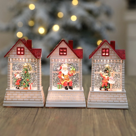 Lanterne Maison Boule à Neige LED de Noël Père Noël Casse-Noisette Paillettes Ornement pour Décoration de Bureau à Domicile