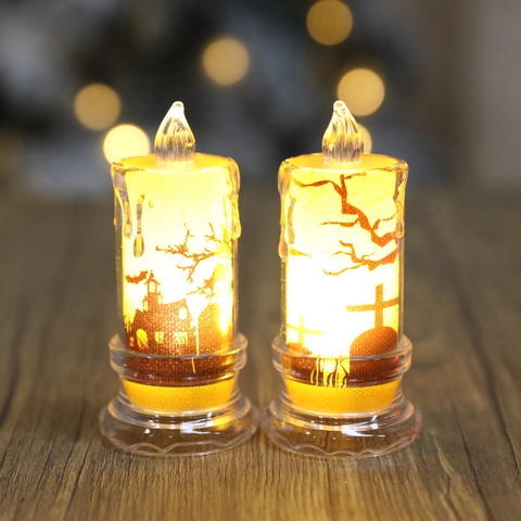 Candele LED Senza Fiamma Plastica Halloween Decorazione Festa Silhouette Pipistrello Castello Sfarfallio Giallo Caldo Ornamento Scrivania