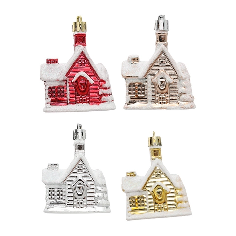 Electroplated Plastic Christmas House Ornaments With Snow Effect Glitter Chalet Tree Decorations For Holiday Home Decor