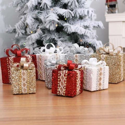 Christmas Gift Box Hanging Ornaments Glitter Foam Pendant With Lace Bow For Festive Tree Holiday Decoration