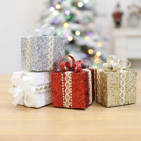 Christmas Tree Ornaments Glitter Foam Gift Box Pendants Lace Ribbon Bow Decorations Festive Holiday Party Hanging Decor