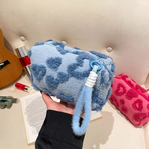 Neceser de Peluche Con Patrón de Corazón Dulce Organizador de Almacenamiento de Viaje Portátil Bolso de Mano Pequeño para Mujer Niña