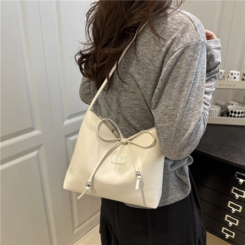 Borsa a Spalla da Donna in Pelle PU con Fiocco Cuciture Minimaliste Borsa a Secchiello Versatile Borsa a Tracolla Tote Bag alla Moda