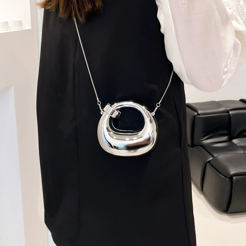 Bolso de Hombro Mini Redondo Geométrico Moderno Mujer de Cuero PU Espejo Metálico Con Cadena Bolso de Mano para Fiesta