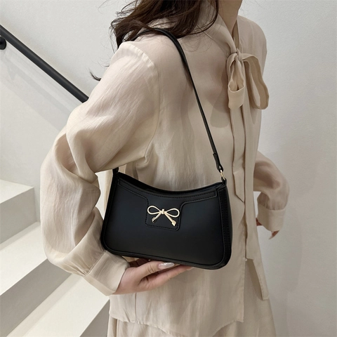 Women PU Leather Underarm Bag With Metal Bow Detail Solid Color Minimalist Fashion Shoulder Bag