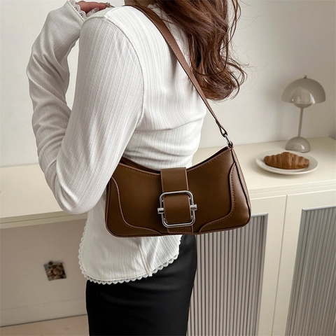 Women Underarm Bag PU Leather Fashion Retro Shoulder Bag With Square Metal Buckle Simple Casual Baguette Bag