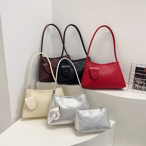 Damen Gewebte PU Leder Unterarm Umhängetasche Mit Kleiner Tasche Und Mini Anhänger Schicke Geflochtene Pendler Handtasche