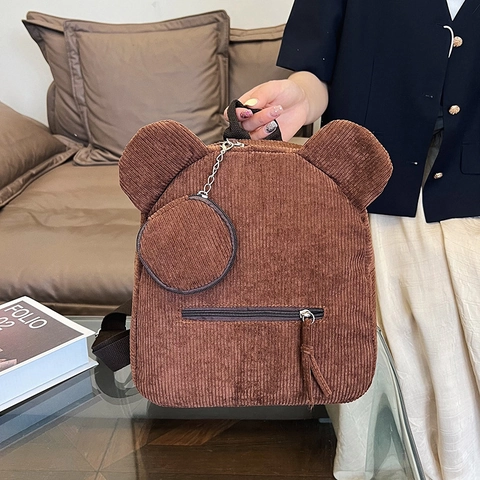 Women Corduroy Cute Bear Ear Backpack Crossbody Shoulder Bucket Bag With Round Pouch For Casual Daily Travel Student