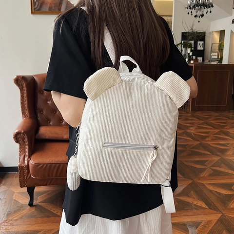 Women Corduroy Cute Bear Ear Backpack Crossbody Shoulder Bucket Bag With Round Pouch For Casual Daily Travel Student