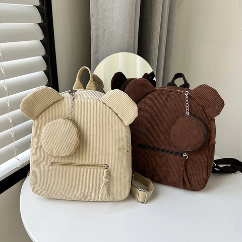 Cute Bear Ears Corduroy Backpack For Women Teens Mini Casual School Bag With Detachable Round Coin Purse Travel Daypack