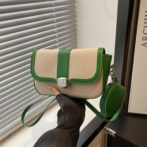 Women Crossbody Bag PU Leather Straw Woven Stitching Small Square Shoulder Bag With Round Coin Purse Adjustable Strap