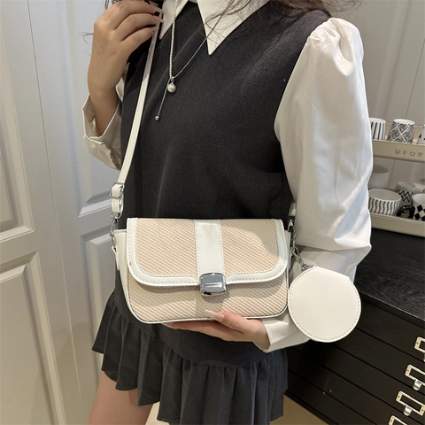 Women Crossbody Bag PU Leather Straw Woven Stitching Small Square Shoulder Bag With Round Coin Purse Adjustable Strap