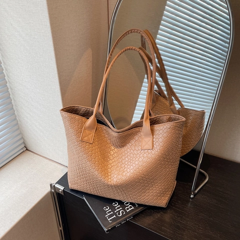 Woven Texture Large Capacity Tote Bag PU Leather Retro Solid Color Shoulder Bag For Women