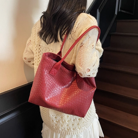 Woven Texture Large Capacity Tote Bag PU Leather Retro Solid Color Shoulder Bag For Women