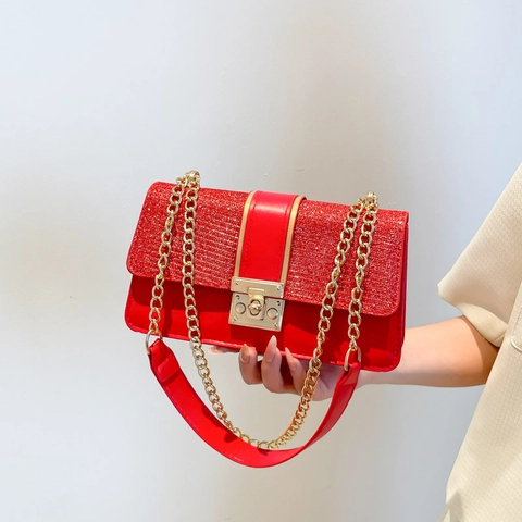 Glitter Sequin Patchwork PU Leather Crossbody Bag Gold Chain Strap Small Square Shoulder Bag For Women Elegant Fashion