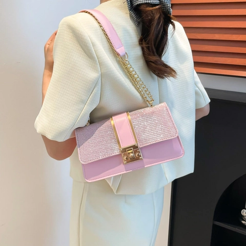 Glitter Sequin Patchwork PU Leather Crossbody Bag Gold Chain Strap Small Square Shoulder Bag For Women Elegant Fashion